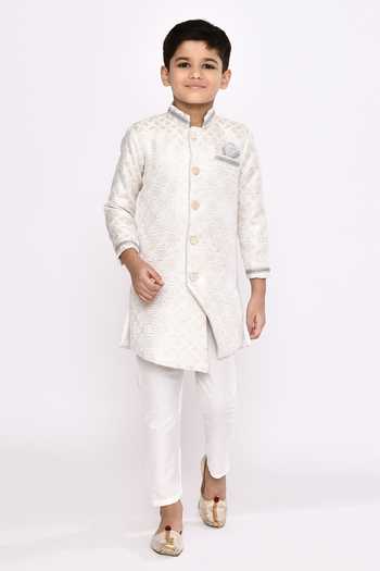 Buy_Petite Pomme_Cream Brocade, Silk Embroidery Asymmetric Geometric Sherwani And Pyjama Set _Online_at_Aza_Fashions