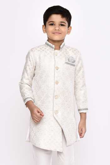 Shop_Petite Pomme_Cream Brocade, Silk Embroidery Asymmetric Geometric Sherwani And Pyjama Set _Online_at_Aza_Fashions