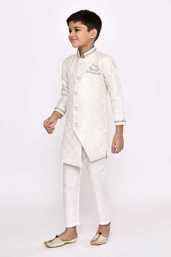 Petite Pomme_Cream Brocade, Silk Embroidery Asymmetric Geometric Sherwani And Pyjama Set _at_Aza_Fashions