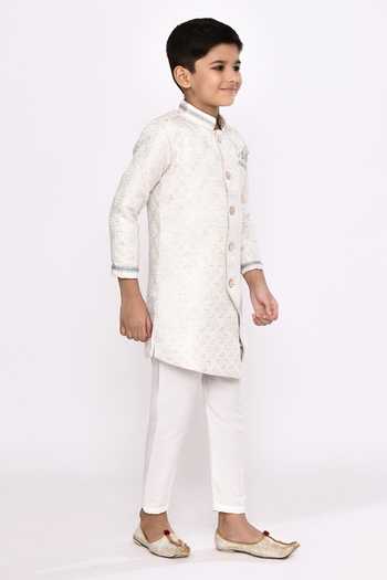 Buy_Petite Pomme_Cream Brocade, Silk Embroidery Asymmetric Geometric Sherwani And Pyjama Set 