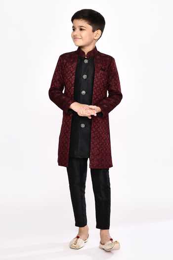 Buy_Petite Pomme_Maroon Brocade, Silk Sequins, Embroidery Jacket Sherwani And Pyjama Set _at_Aza_Fashions