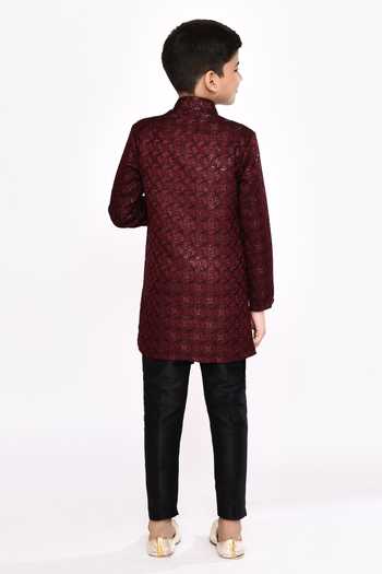 Shop_Petite Pomme_Maroon Brocade, Silk Sequins, Embroidery Jacket Sherwani And Pyjama Set _at_Aza_Fashions