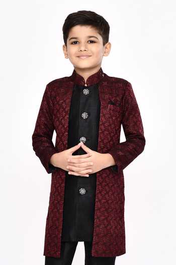 Shop_Petite Pomme_Maroon Brocade, Silk Sequins, Embroidery Jacket Sherwani And Pyjama Set _Online_at_Aza_Fashions