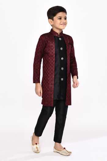 Buy_Petite Pomme_Maroon Brocade, Silk Sequins, Embroidery Jacket Sherwani And Pyjama Set 