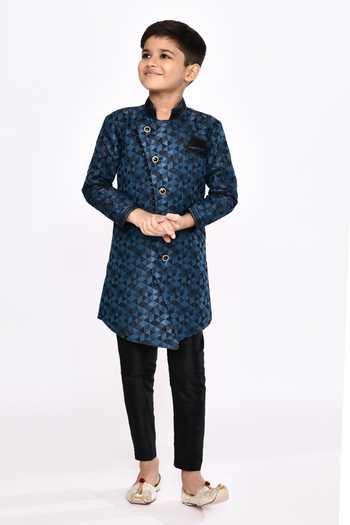 Buy_Petite Pomme_Blue Satin, Silk Sequins, Embroidery Geometric Pattern Sherwani And Pyjama Set _at_Aza_Fashions