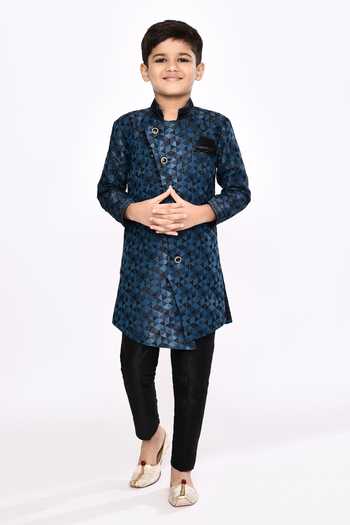 Buy_Petite Pomme_Blue Satin, Silk Sequins, Embroidery Geometric Pattern Sherwani And Pyjama Set _Online_at_Aza_Fashions