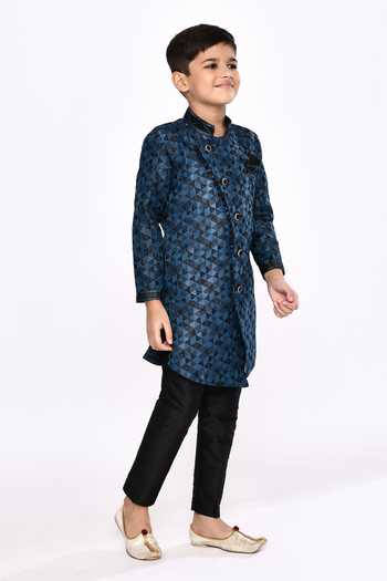 Petite Pomme_Blue Satin, Silk Sequins, Embroidery Geometric Pattern Sherwani And Pyjama Set _at_Aza_Fashions