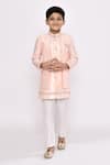 Buy_Petite Pomme_Peach Brocade, Silk Sequins, Embroidery Embellished Jacket Sherwani With Pyjama _at_Aza_Fashions