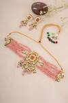 Shop_Chhavi's Jewels_Pink Kundan Embellished Multistrand Necklace Set _at_Aza_Fashions