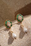 Shop_Tarun Tahiliani_Emerald Green Swarovski Pearls Lotus Embellished Earrings _at_Aza_Fashions