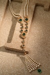 Shop_Tarun Tahiliani_Green Stone Round Cabochon Embellished Pearl Long Necklace _at_Aza_Fashions