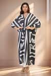 Buy_Samyukta Singhania_Black French Moss Print Stripe V-neck Geometric Tie Up Kaftan _at_Aza_Fashions