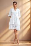 Buy_Samyukta Singhania_White Hakoba Cotton Cutout Flap Collar Pattern Flared Shirt Dress _at_Aza_Fashions