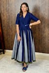 Buy_AMPM_Blue Chanderi 70 Woven Stripe V-neck Asma Dress _at_Aza_Fashions