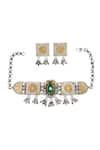 Shop_Sangeeta Boochra_Green Emerald Stone Splendour Tear Drop Carved Choker Set _at_Aza_Fashions