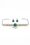 Shop_Sangeeta Boochra_Green Emerald Stone Majestic Charm Square Motif Carved Choker Set _at_Aza_Fashions