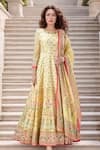 Buy_Samyukta Singhania_Yellow Doll Silk Print Floral Round Flower Butti Garden Anarkali With Dupatta _at_Aza_Fashions