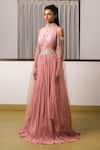 Buy_Rimple Agrawal_Pink Georgette Embroidered Sequin Band Collar Pleated Gown _at_Aza_Fashions