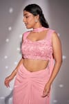 Rimple Agrawal_Pink Skirt Crepe Satin Embroidered Floral Sweetheart Solid Knotted Blouse Set _Online_at_Aza_Fashions