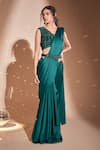 Buy_Rimple Agrawal_Green Blouse Net Embroidered Floral V Neck Pre-draped Waterfall Saree With _at_Aza_Fashions