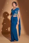 Rimple Agrawal_Blue Pre-draped Saree Georgette Embroidery Tassels V-neck Floral With Blouse _Online_at_Aza_Fashions