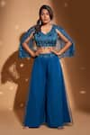 Buy_Rimple Agrawal_Blue Cape Net Embroidery Beads Blouse V-neck Floral And Palazzo Set _at_Aza_Fashions