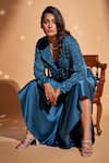 Rimple Agrawal_Blue Liquid Silk Embroidery Beads Blazer Lapel Floral Balzer And Palazzo Set _Online_at_Aza_Fashions