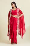 Samyukta Singhania_Red Organza Embroidered Thread Cape Round Border Draped Skirt _Online