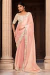 Buy_Samyukta Singhania_Peach Saree Crepe Satin Silk Embroidery Floral Leaf Thread Blouse With _at_Aza_Fashions