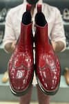 Fellmonger_Red Textured Mirror Glossed Patina Croco Chelsea Extra Light Boots _Online_at_Aza_Fashions