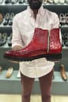 Fellmonger_Red Textured Mirror Glossed Patina Croco Chelsea Extra Light Boots _at_Aza_Fashions