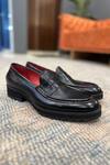 Fellmonger_Black Plain Leather Milled Penny Moccasin Loafers _Online_at_Aza_Fashions