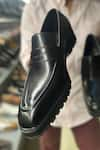 Buy_FELLMONGER_Black Plain Leather Square Toe Penny Loafer _at_Aza_Fashions