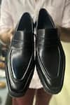 Shop_FELLMONGER_Black Plain Leather Square Toe Penny Loafer _at_Aza_Fashions