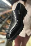 FELLMONGER_Black Plain Leather Square Toe Penny Loafer _at_Aza_Fashions