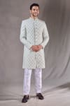 Buy_Aryavir Malhotra_Green Sherwani Kasak Zari Jacquard Embroidery Diamond Jaal With Pyjama _at_Aza_Fashions