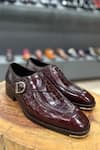 Buy_FELLMONGER_Burgundy Croco Textured Pattern Single Monk Strap _at_Aza_Fashions