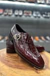 Shop_FELLMONGER_Burgundy Croco Textured Pattern Single Monk Strap _at_Aza_Fashions