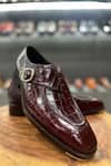 FELLMONGER_Burgundy Croco Textured Pattern Single Monk Strap _Online_at_Aza_Fashions