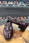 Shop_FELLMONGER_Burgundy Croco Textured Pattern Single Monk Strap _Online_at_Aza_Fashions