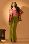 Buy_SSHILPA SAMRIYA_Green Blazer And Bustier Raw Silk Hand Embroidered Draped Skirt Set With Printed _at_Aza_Fashions