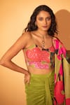 SSHILPA SAMRIYA_Green Blazer And Bustier Raw Silk Hand Embroidered Draped Skirt Set With Printed _Online_at_Aza_Fashions