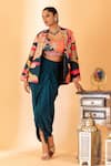 Shop_SSHILPA SAMRIYA_Blue Blazer And Bustier Raw Silk Hand Solid Draped Skirt Set With Printed _at_Aza_Fashions