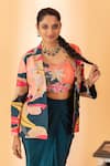 SSHILPA SAMRIYA_Blue Blazer And Bustier Raw Silk Hand Solid Draped Skirt Set With Printed _Online_at_Aza_Fashions