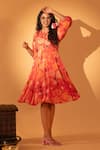 Shop_SSHILPA SAMRIYA_Orange Crepe Hand Embroidered Bead Keyhole Floral Print Dress _at_Aza_Fashions