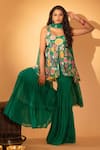 Buy_SSHILPA SAMRIYA_Green Tunic Crepe Printed Seashell Leaf Floral Peplum Sharara Set _at_Aza_Fashions