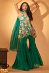 SSHILPA SAMRIYA_Green Tunic Crepe Printed Seashell Leaf Floral Peplum Sharara Set _Online_at_Aza_Fashions