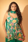 SSHILPA SAMRIYA_Green Tunic Crepe Printed Seashell Leaf Floral Peplum Sharara Set _at_Aza_Fashions