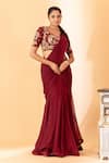 Buy_SSHILPA SAMRIYA_Maroon Pre-draped Saree Georgette Hand Embroidered Fish Cut With Blouse _at_Aza_Fashions