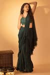 Buy_SSHILPA SAMRIYA_Green Blouse Raw Silk Hand Embroidered Ruffle Detailed Pre-draped Saree With _at_Aza_Fashions